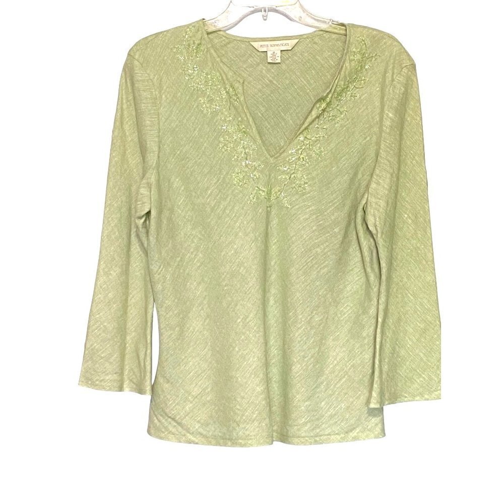 Petite Sophisticate Light Green 100% Linen Blouse with Beading Detail Size 14